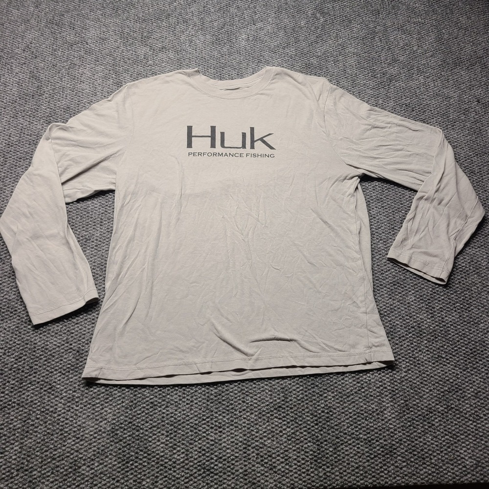 Huk Performance Fishing T-Shirt Mens Large Gray Cotton Blend Spellout Pullover